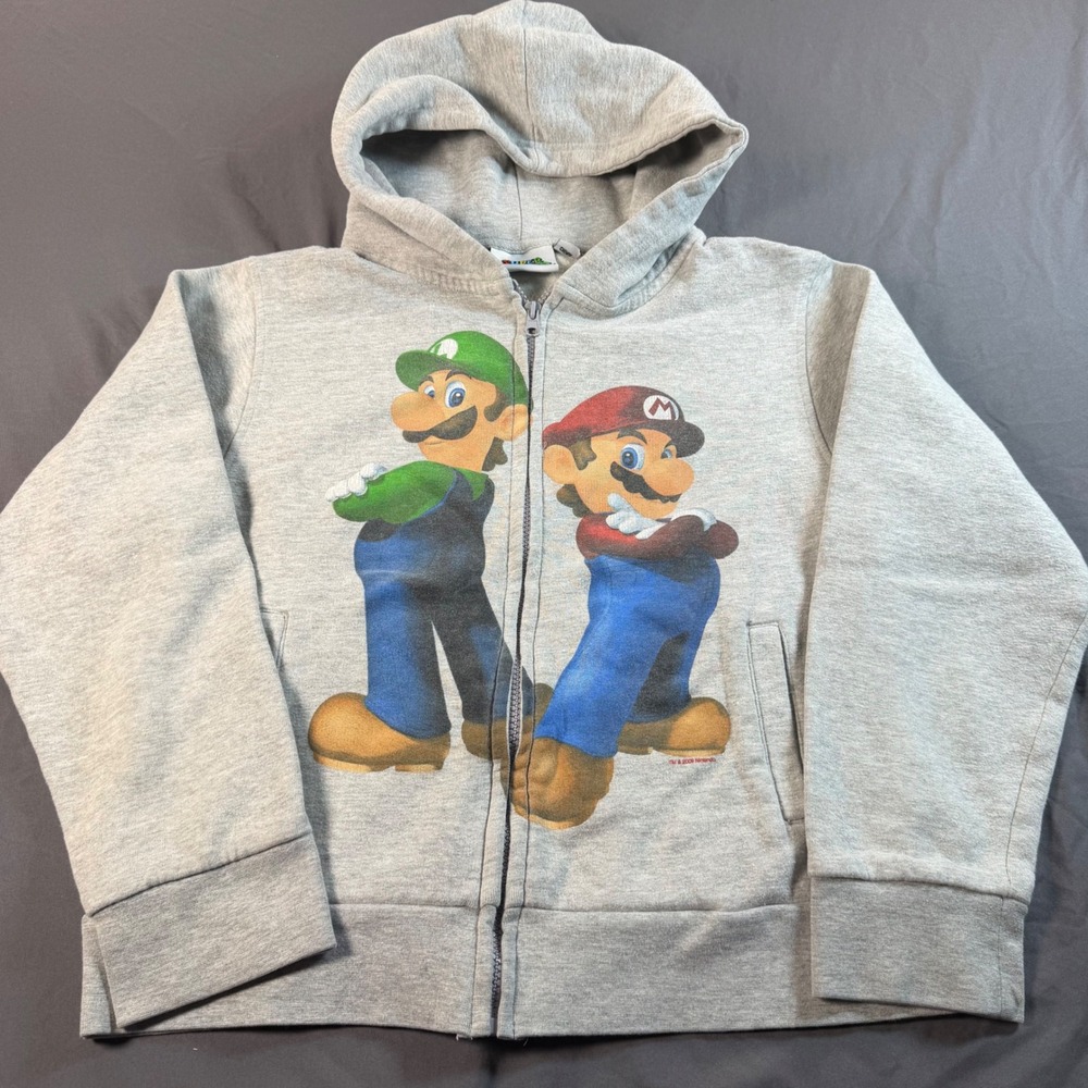 Nintendo Super Mario Luigi Boys Zip Up Hoodie Gray Sweatshirt Size S 2009 2010